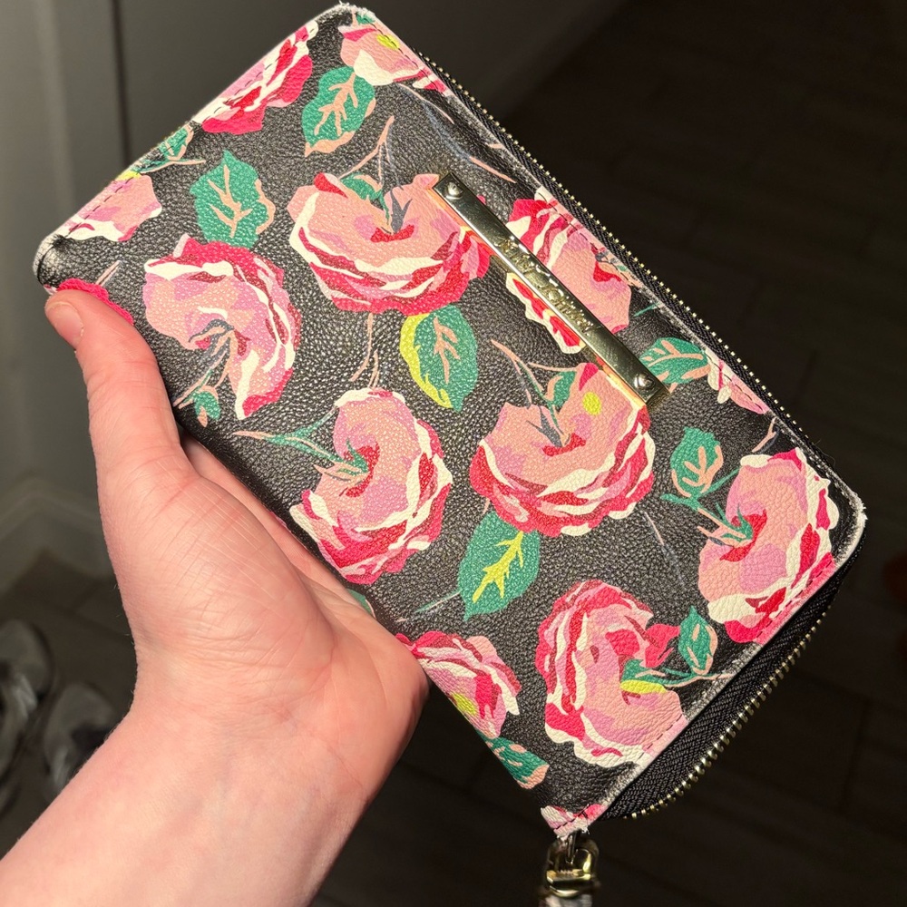 Betsey Johnson Floral Zip-Around Wallet in Pink on Black